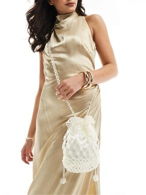 Beaded Ivory Drawstring Mini Bag with Pearl Strap